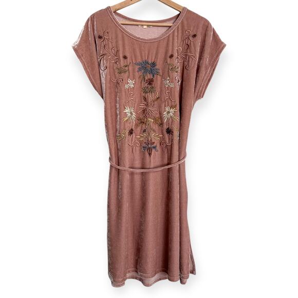 Mystree Pink Velour Mini Belted Shift Dress With Embroidered Flowers Women's L - Picture 1 of 9